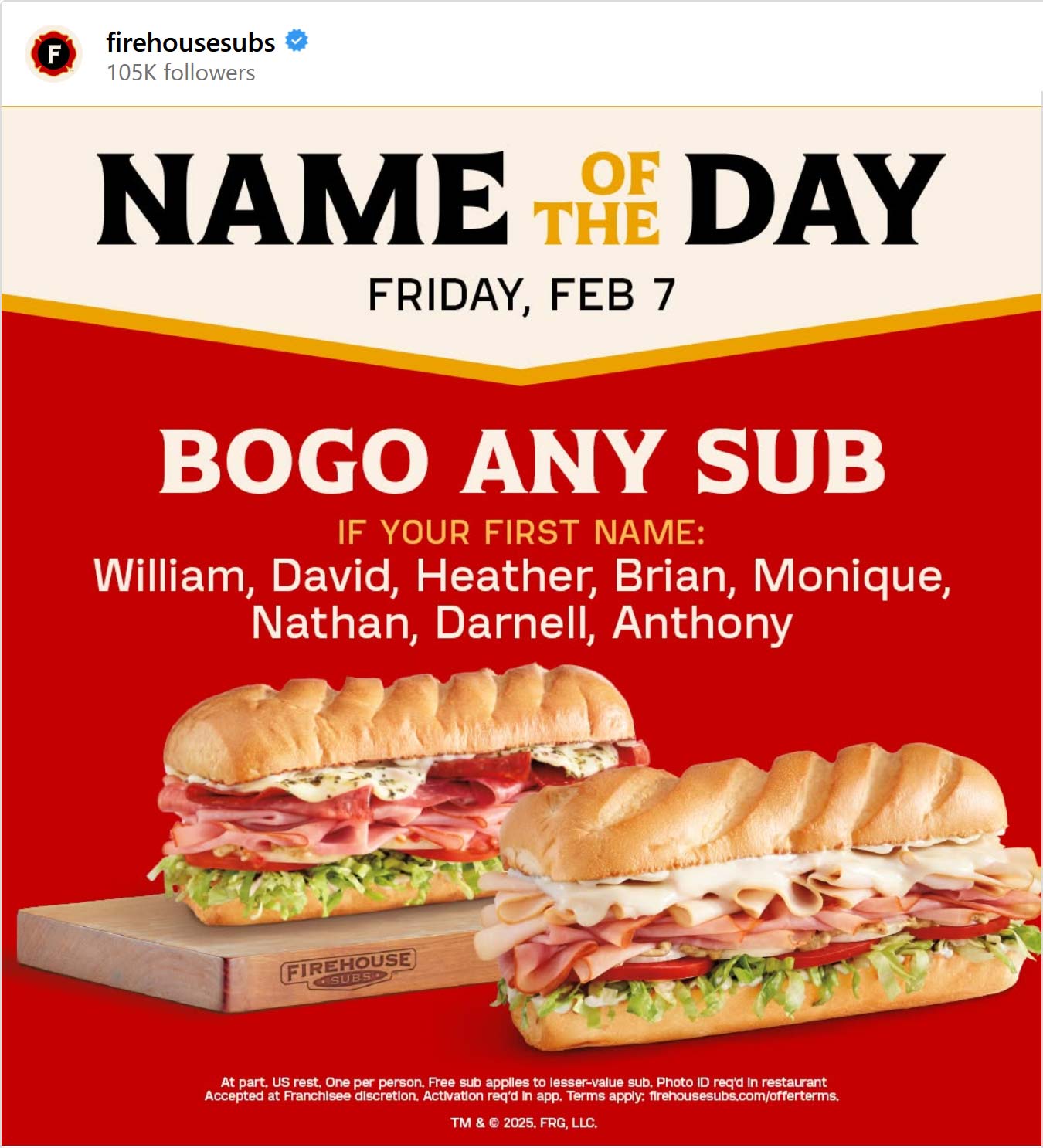 Firehouse Subs restaurants Coupon  Various first names score a second sub sandwich free today at Firehouse Subs #firehousesubs 