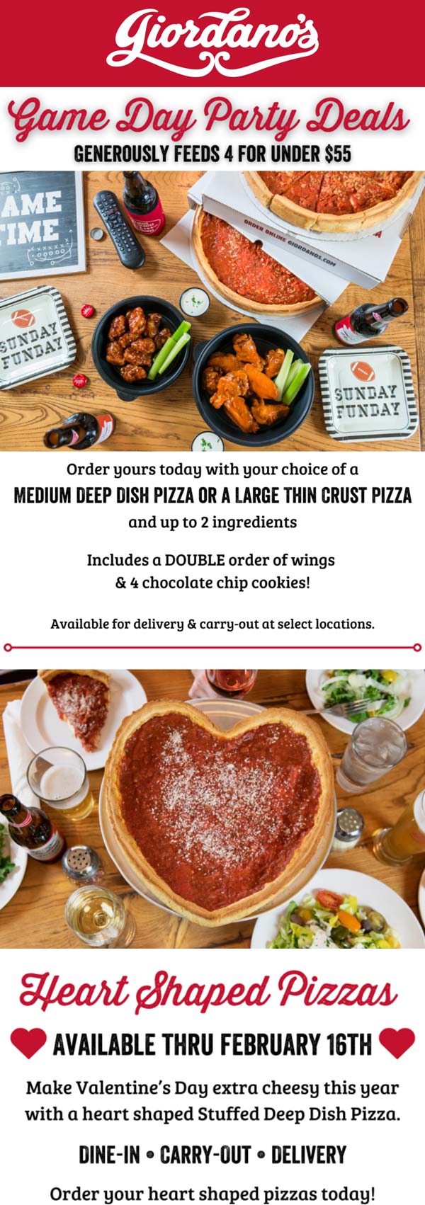 Giordanos restaurants Coupon  2-topping deep dish pizza + double order chicken wings + cookies = $55 at Giordanos #giordanos 