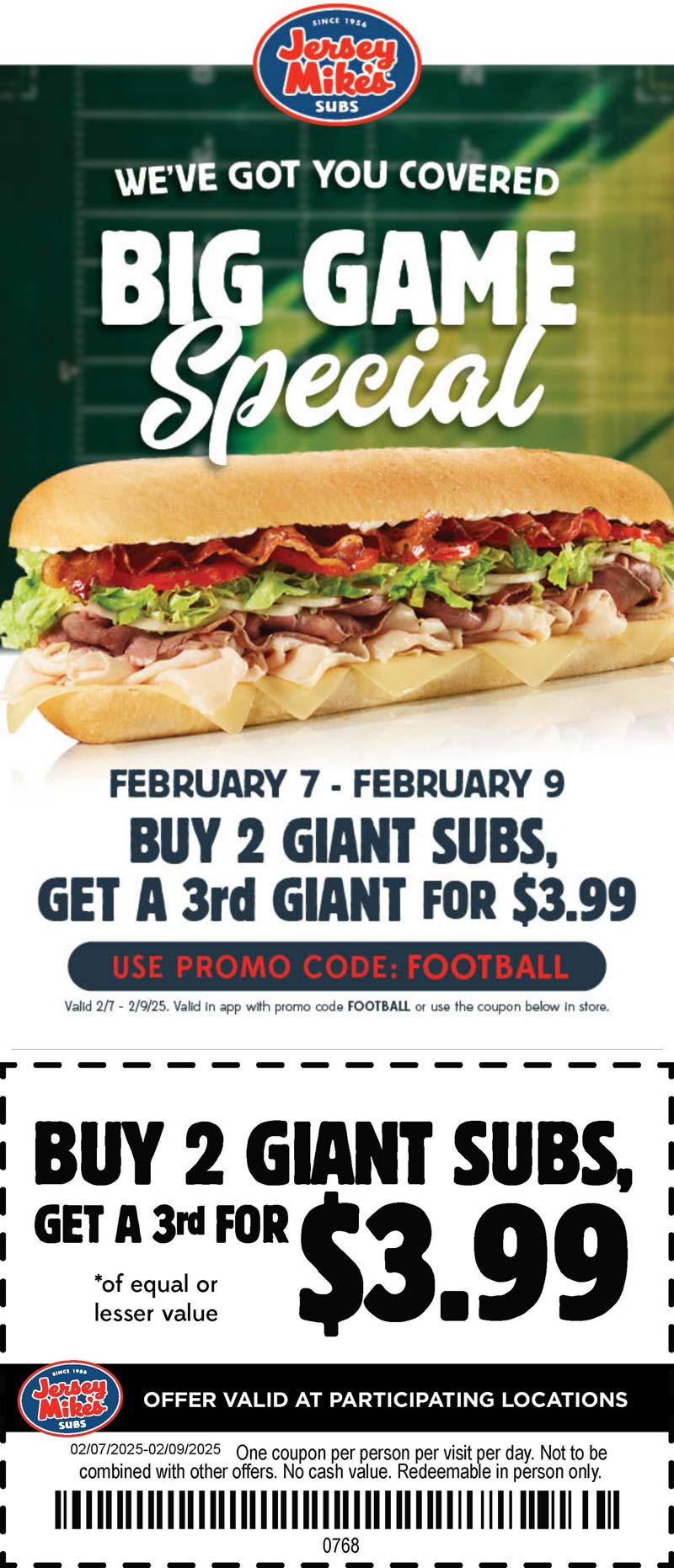 Jersey Mikes restaurants Coupon  3rd sub sandwich = $4 at Jersey Mikes #jerseymikes 