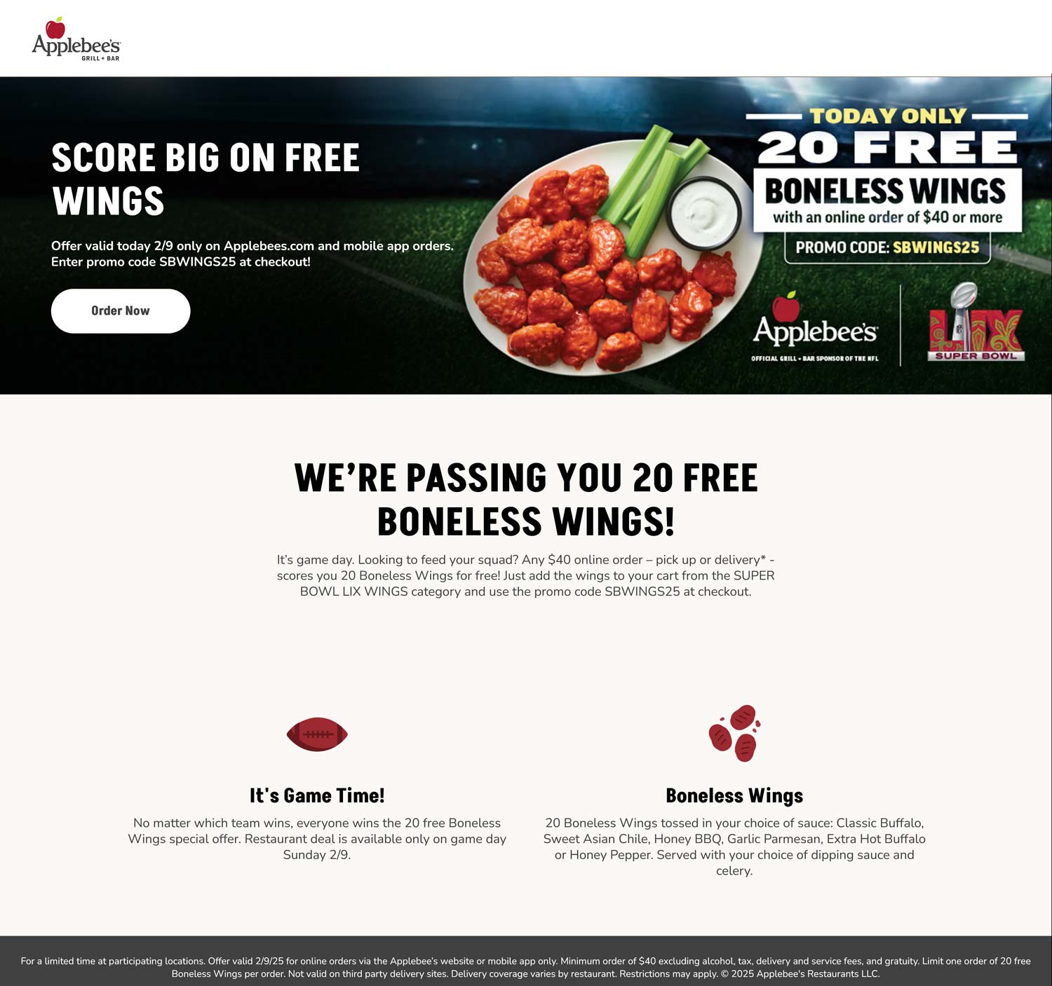 Applebees restaurants Coupon  20 free boneless chicken wings on $40+ today at Applebees via promo code SBWINGS25 #applebees 