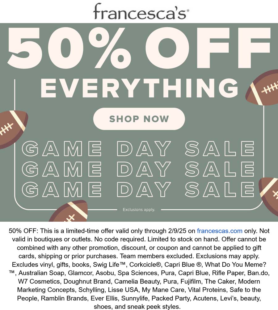 Francescas stores Coupon  50% off everything online today at Francescas #francescas 