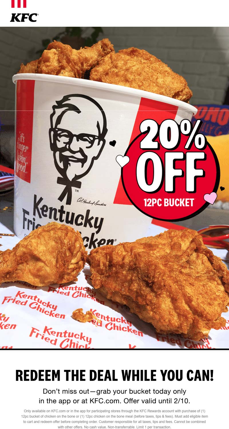 KFC restaurants Coupon  20% off 12pc chicken bucket via login at KFC #kfc 