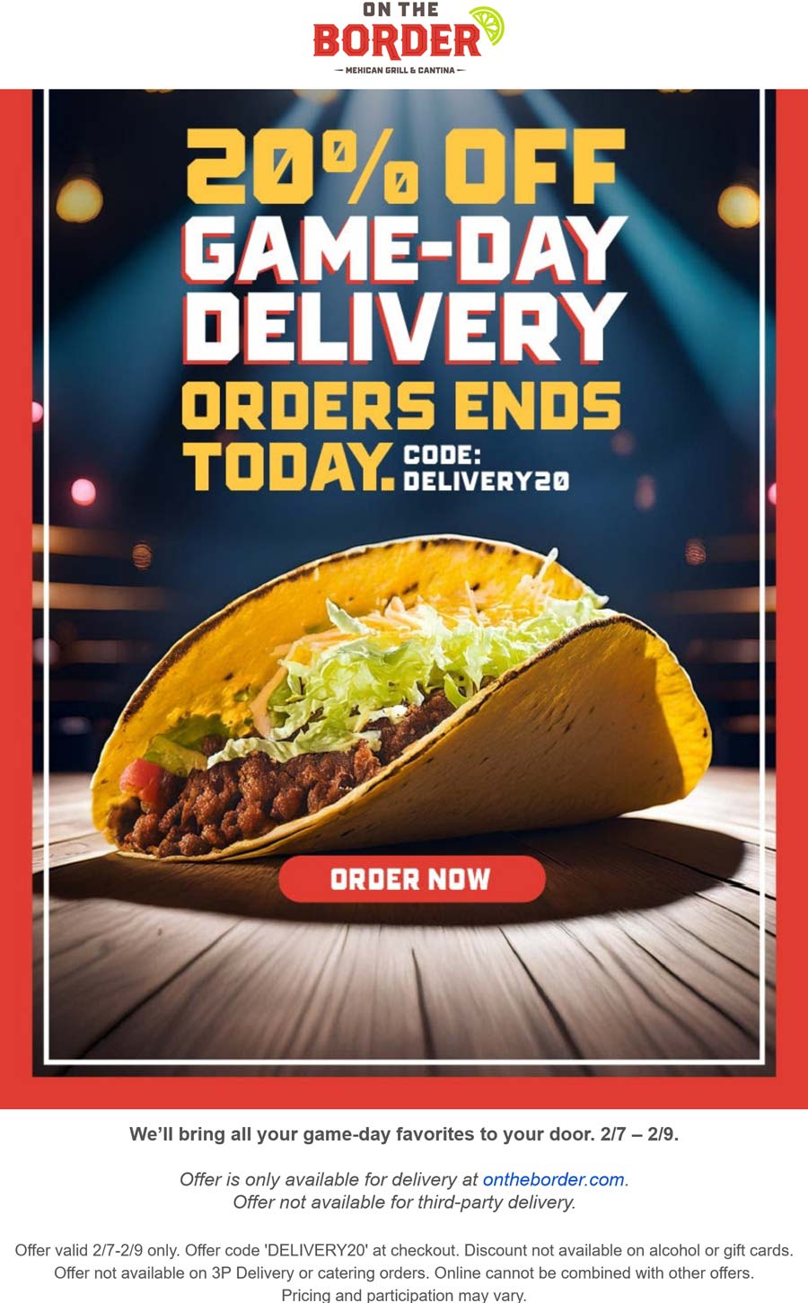 On The Border restaurants Coupon  20% off delivery today at On The Border restaurants via promo code DELIVERY20 #ontheborder 