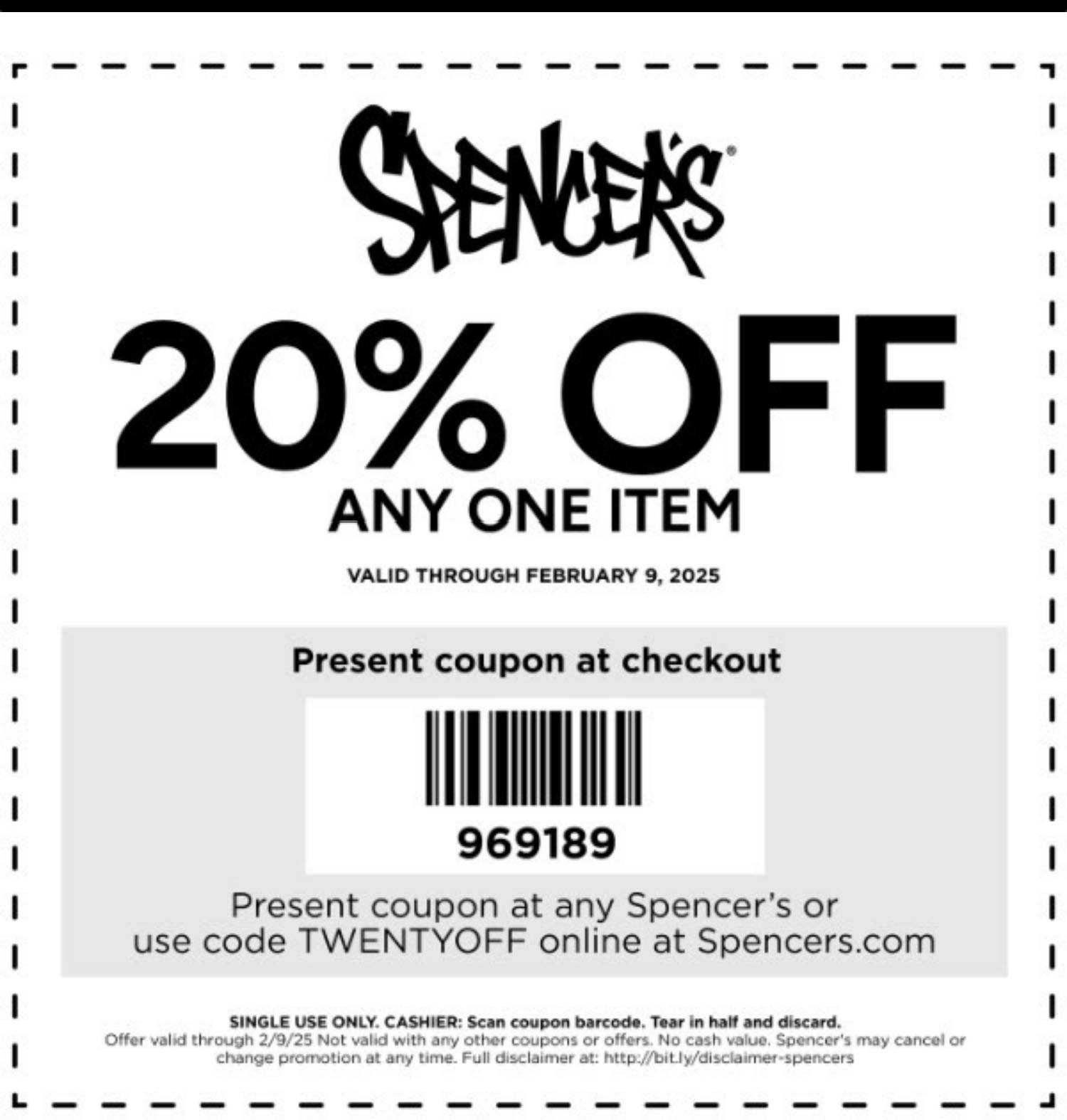 Spencers stores Coupon  20% off a single item at Spencers, or online via promo code TWENTYOFF #spencers 