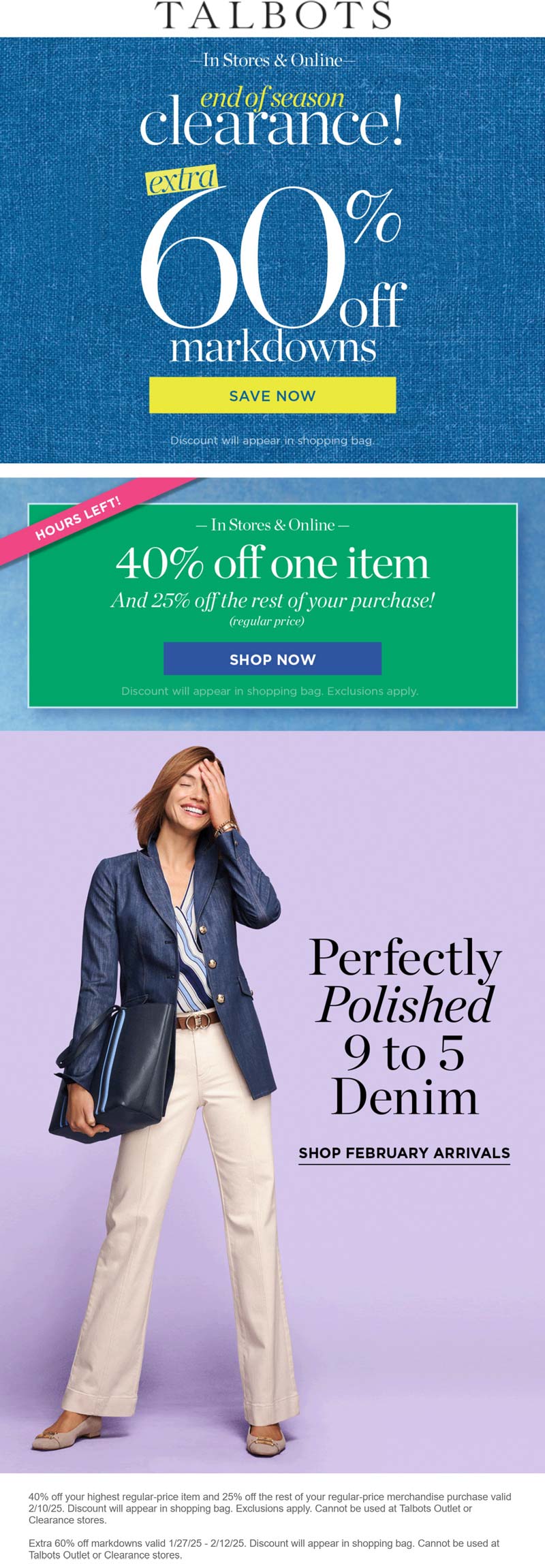 Talbots stores Coupon  40% off a single item & more today at Talbots, ditto online #talbots 