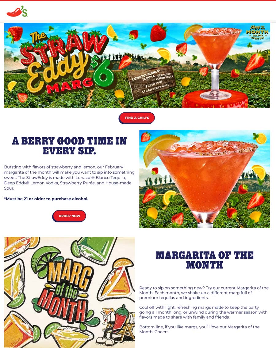 Chilis restaurants Coupon  Strawberry Eddy margarita = $6 all month at Chilis restaurants #chilis 