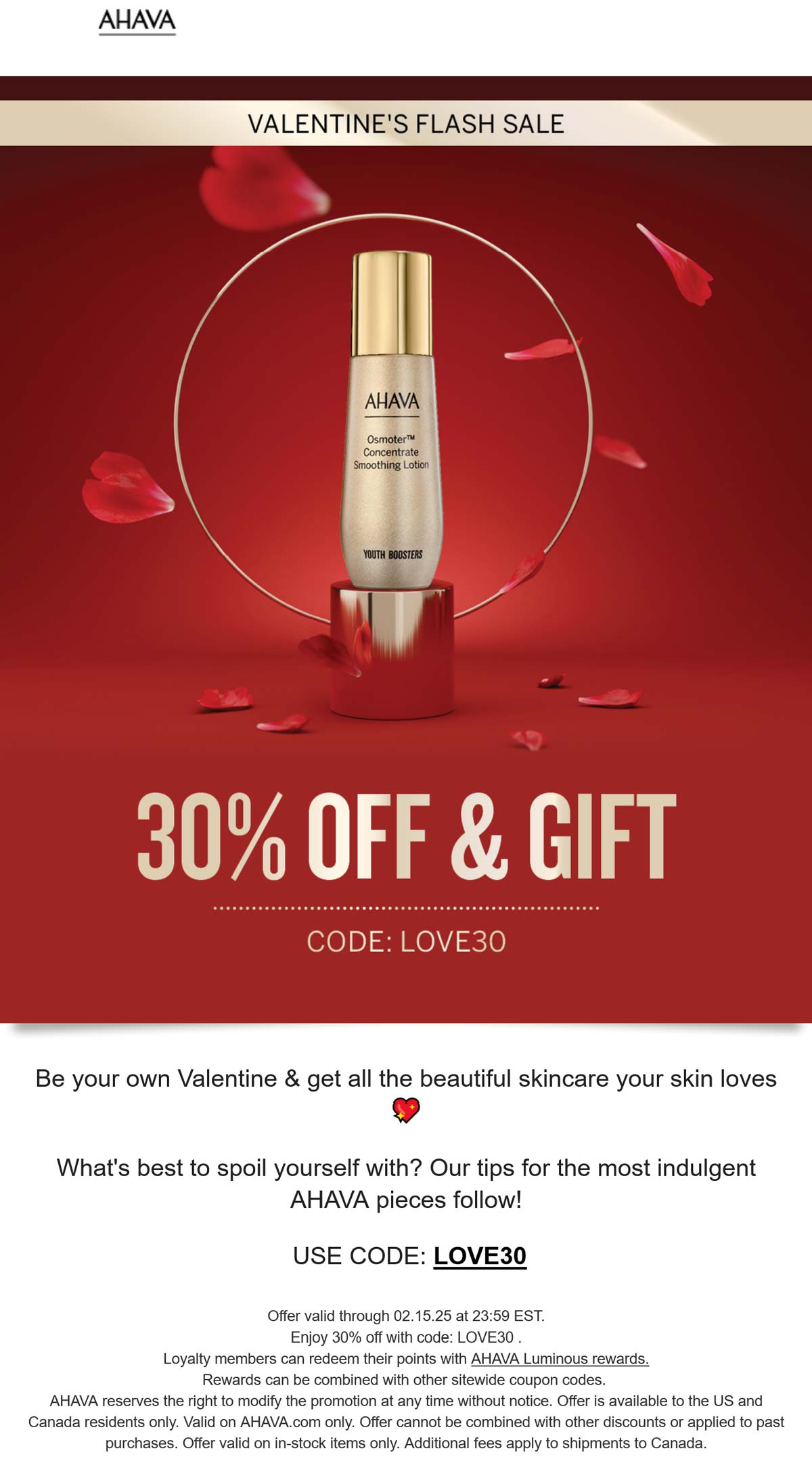 AHAVA stores Coupon  30% off + free gift at AHAVA via promo code LOVE30 #ahava 