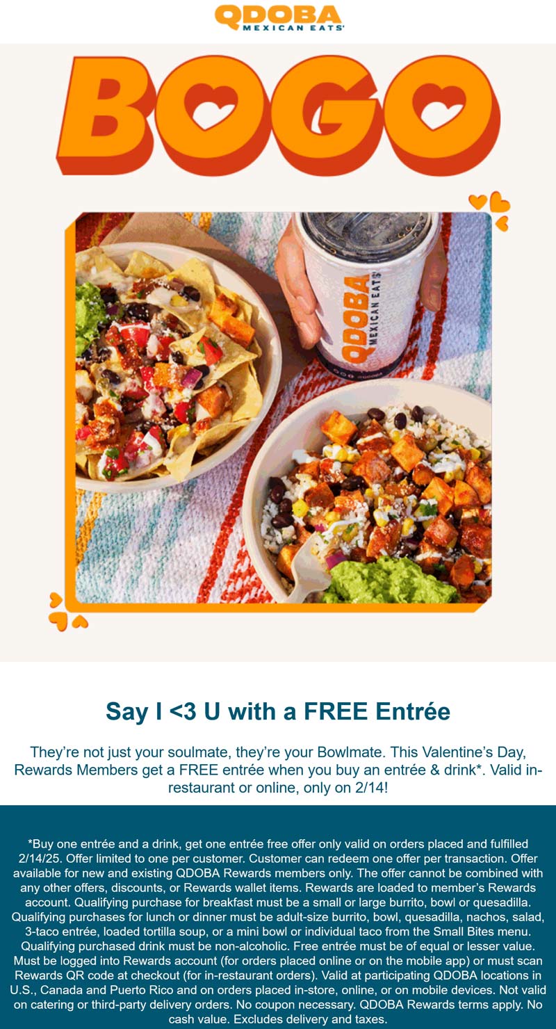 Qdoba restaurants Coupon  Second entree bowl free Friday at Qdoba #qdoba 