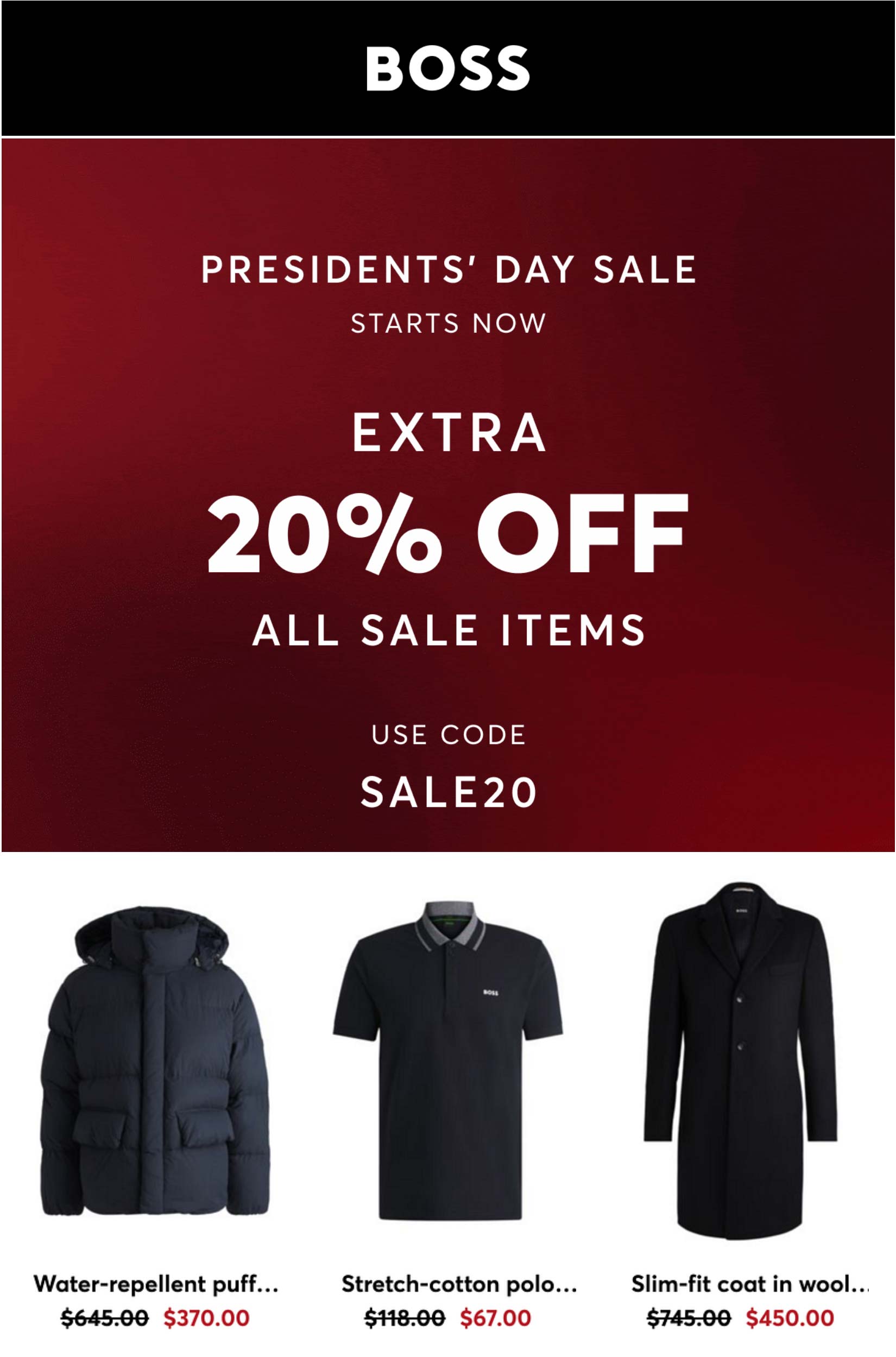 BOSS stores Coupon  Extra 20% off sale items at BOSS via promo code SALE20 #boss 