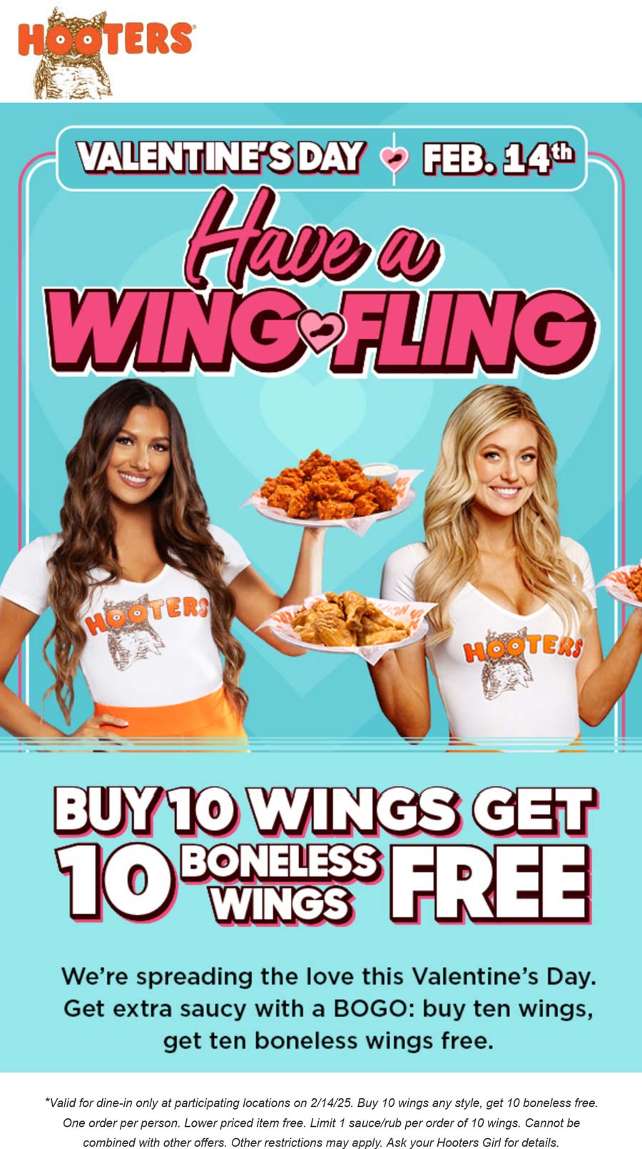 Hooters restaurants Coupon  Second 10pc chicken wings free Friday at Hooters #hooters 