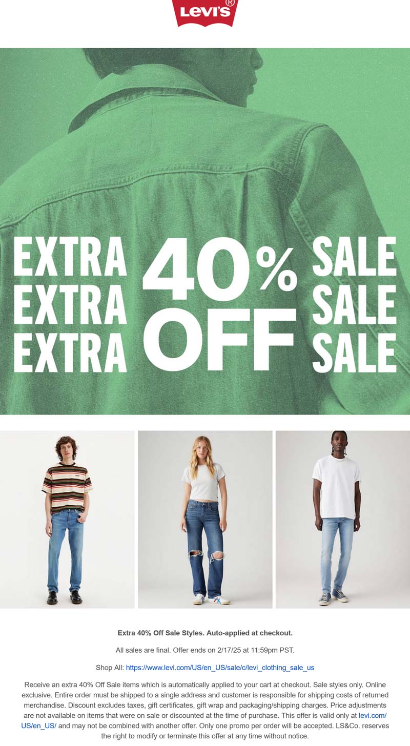 Levis stores Coupon  Extra 40% off sale items at Levis #levis 