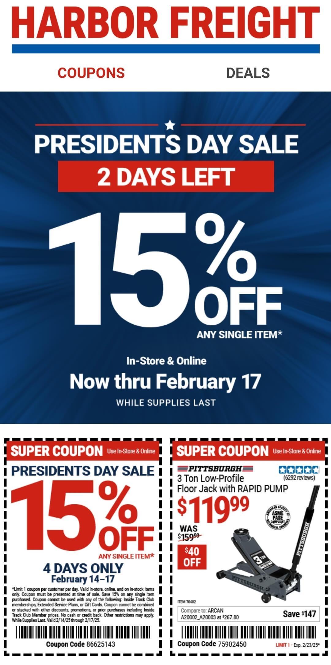 Harbor Freight stores Coupon  15% off a single item at Harbor Freight tools, or online via promo code 86625143 #harborfreight 