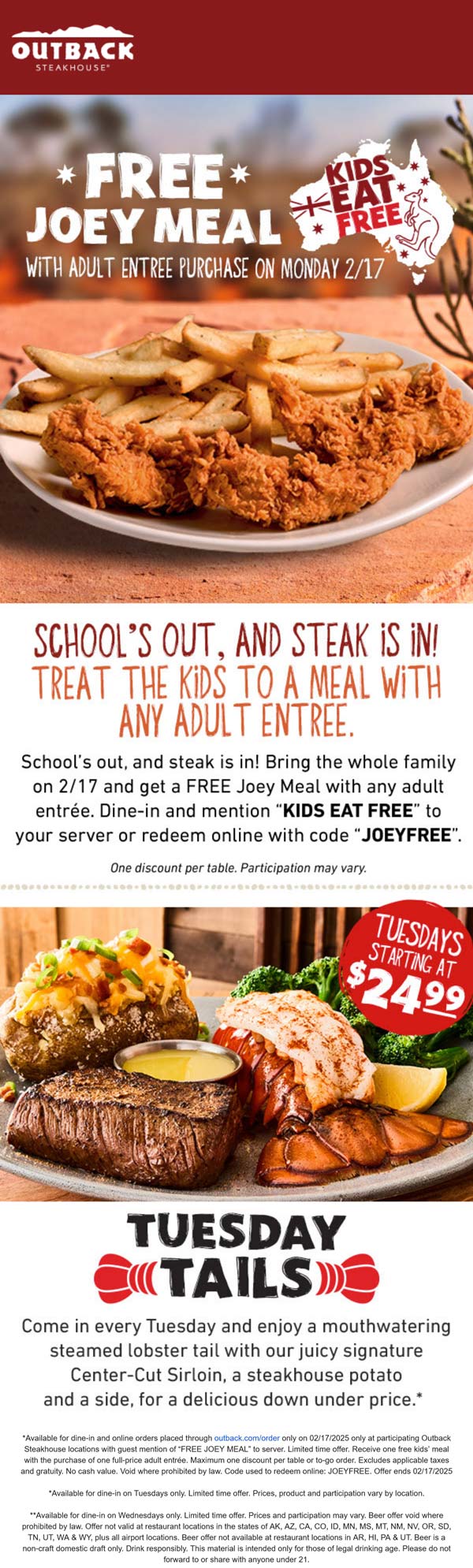 Outback Steakhouse restaurants Coupon  Free kids meal with your entree today at Outback Steakhouse via promo code JOEYFREE #outbacksteakhouse 