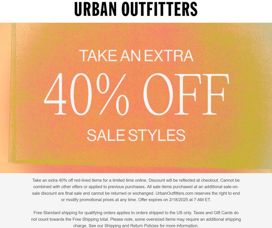 Urban Outfitters stores Coupon  Extra 40% off sale items today at Urban Outfitters #urbanoutfitters 