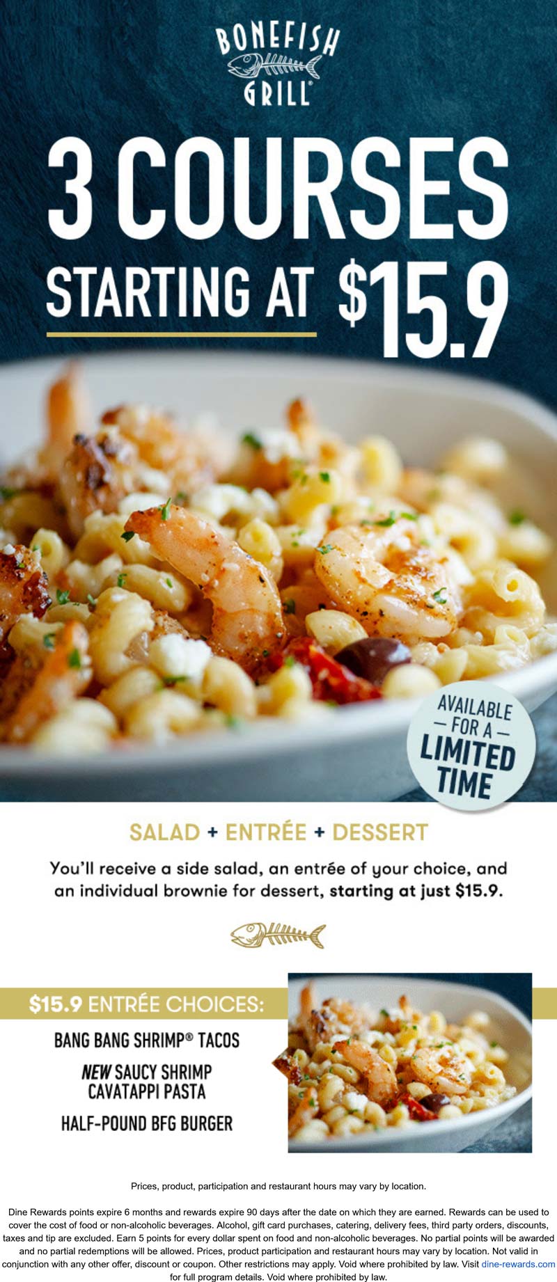 Bonefish Grill restaurants Coupon  Salad + entree + dessert = $16 at Bonefish Grill #bonefishgrill 