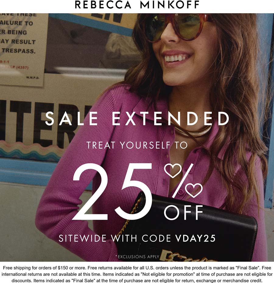 Rebecca Minkoff stores Coupon  25% off at Rebecca Minkoff via promo code VDAY25 #rebeccaminkoff 