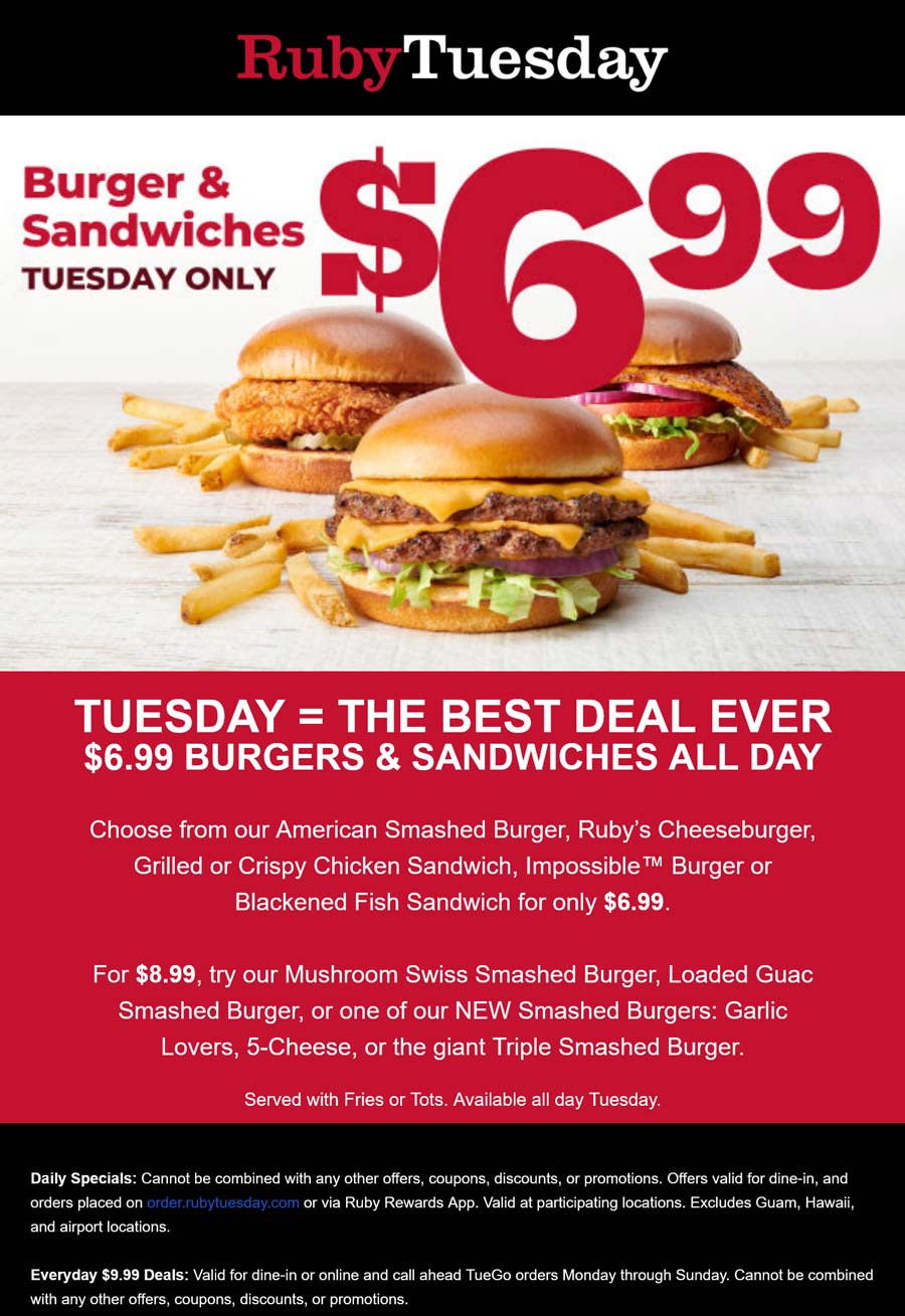 Ruby Tuesday restaurants Coupon  $7 burgers & sandwiches + fries today at Ruby Tuesday #rubytuesday 