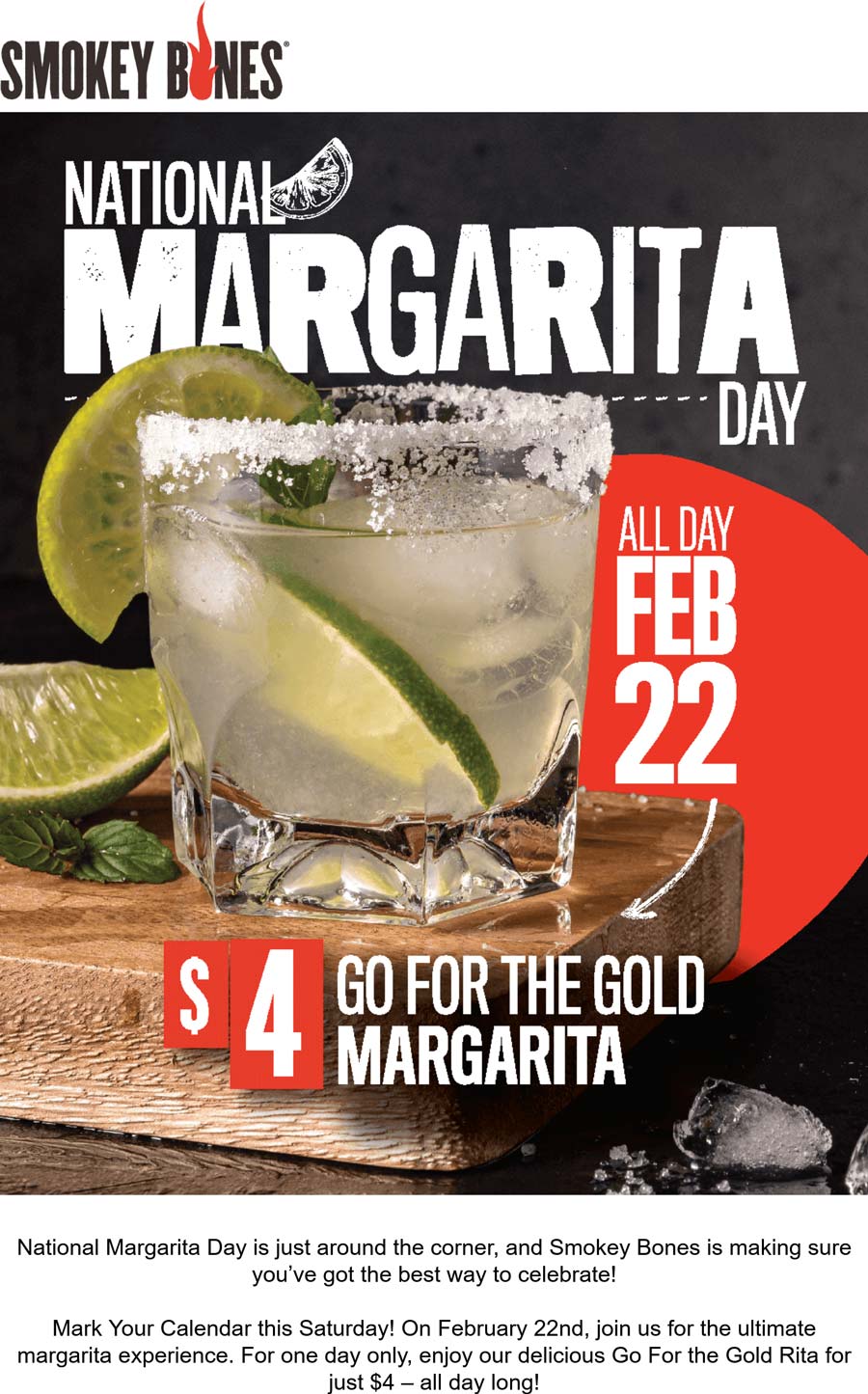 Smokey Bones restaurants Coupon  $4 margaritas Saturday at Smokey Bones restaurants #smokeybones 