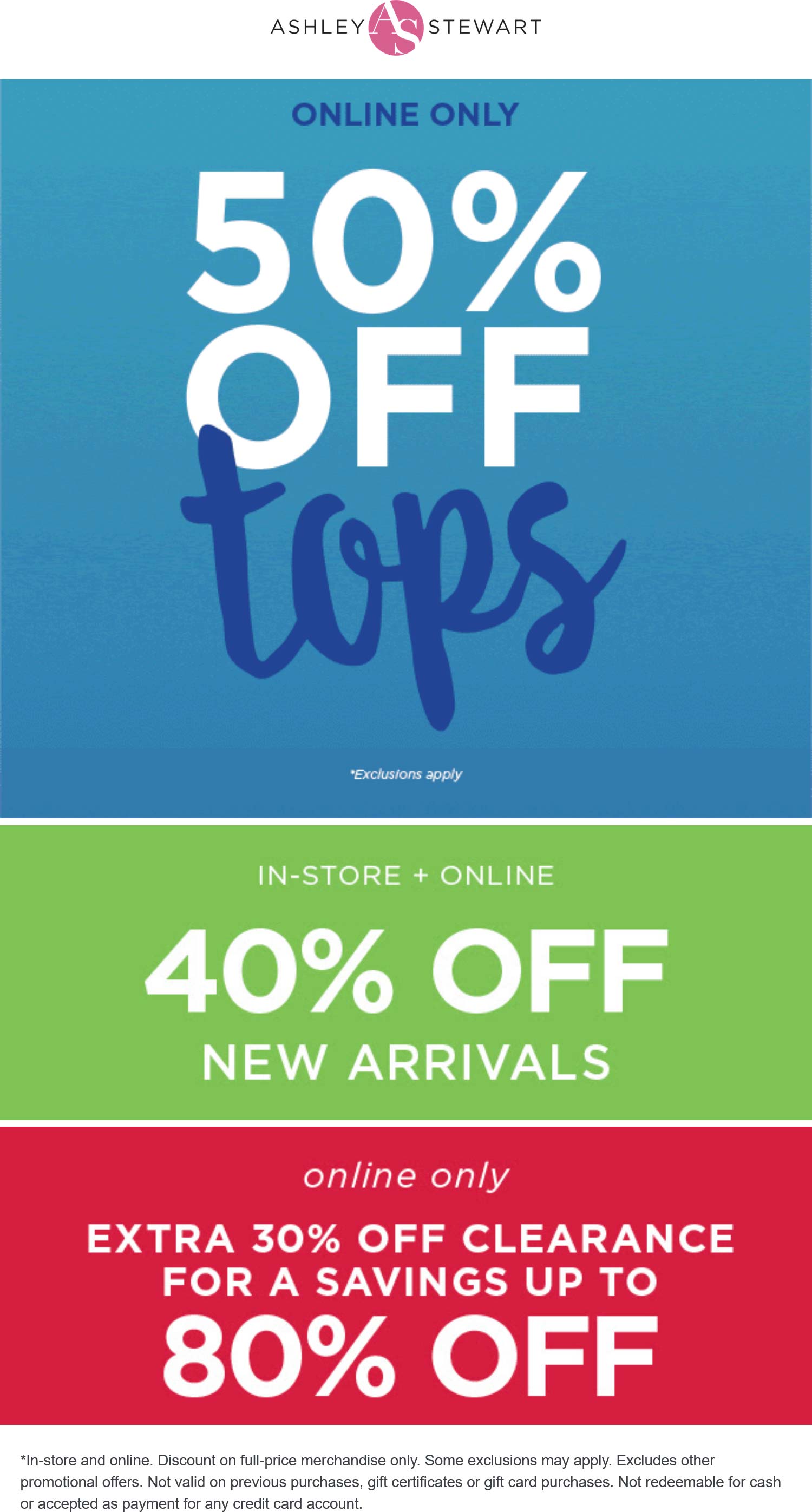 Ashley Stewart stores Coupon  50% off tops & 40% new arrivals at Ashley Stewart, ditto online #ashleystewart 