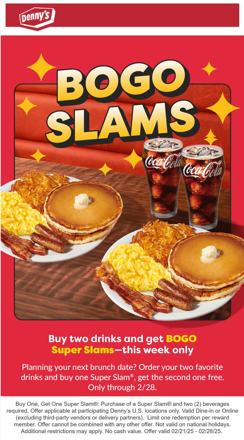 Dennys restaurants Coupon  Second super slam breakfast free at Dennys #dennys 