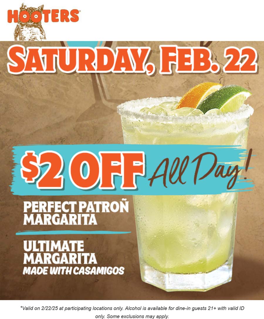 Hooters restaurants Coupon  $2 off a patron margarita today at Hooters restaurants #hooters 