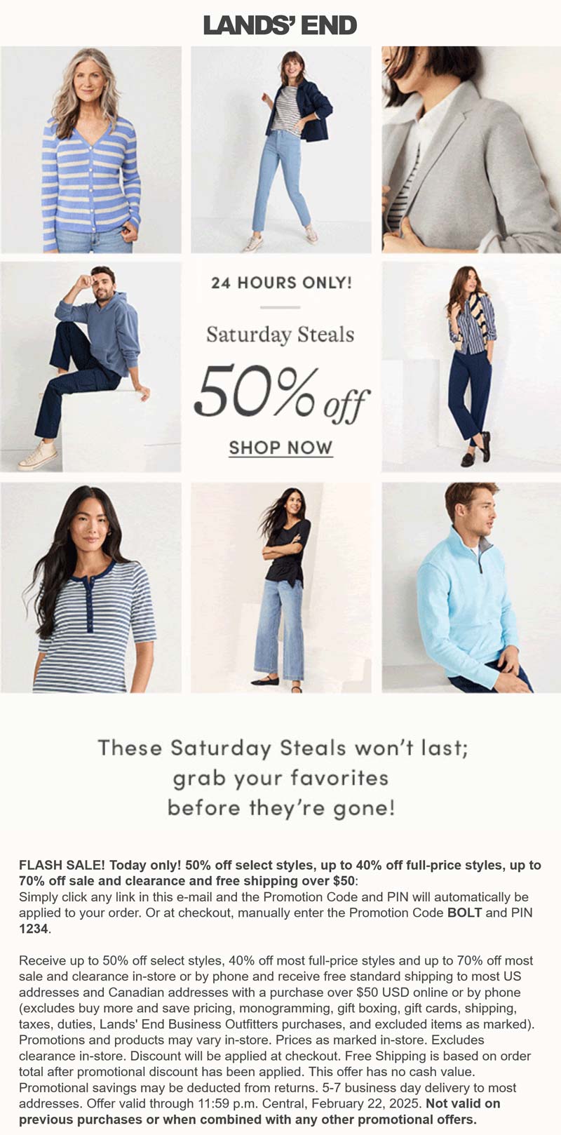 Lands End stores Coupon  50% off today at Lands End via promo code BOLT and pin 1234 #landsend 