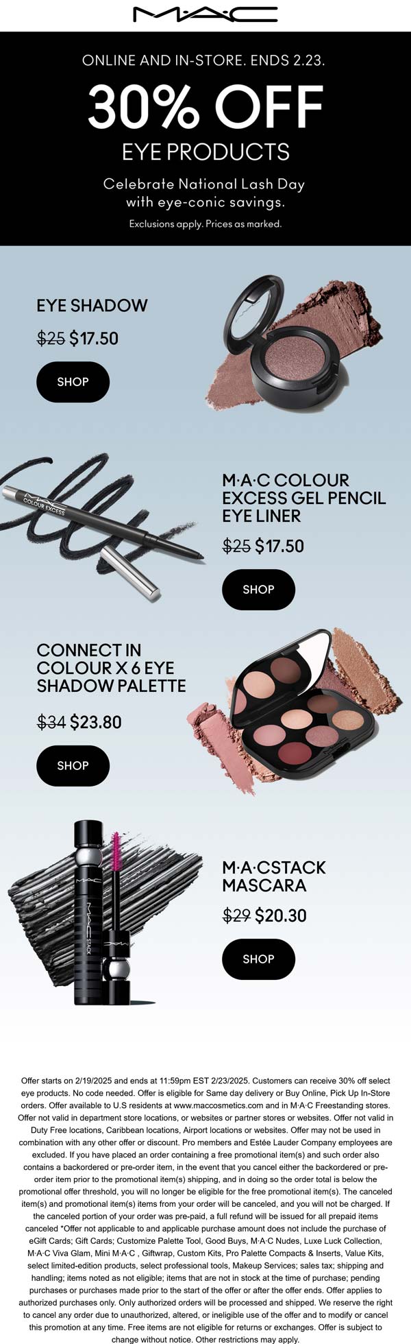 MAC stores Coupon  30% off eye products at MAC cosmetics, ditto online #mac 