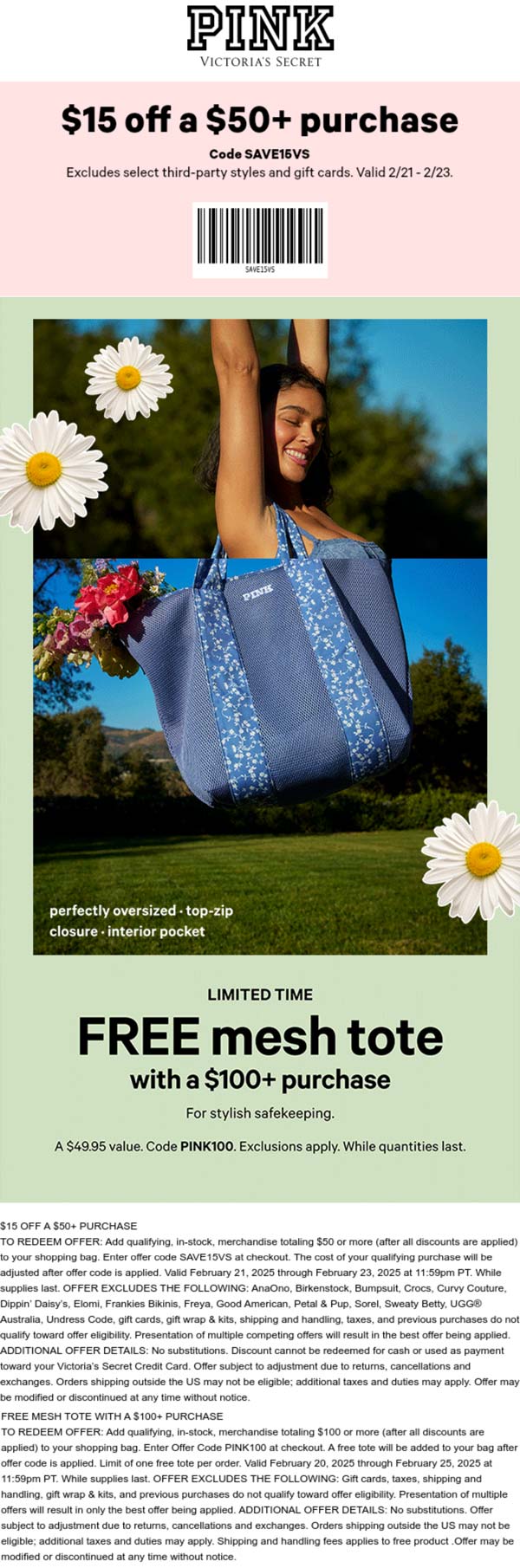 PINK stores Coupon  $15 off $50 & free tote on $100 today at PINK via promo code PINK100 #pink 