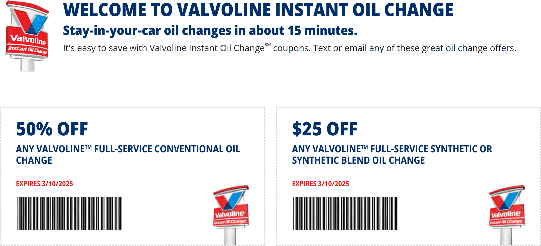 Valvoline stores Coupon  50% off an oil change at Valvoline #valvoline 