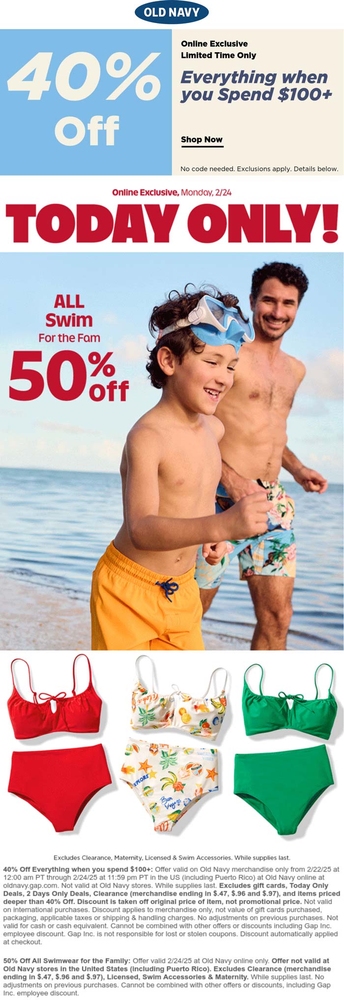 Old Navy stores Coupon  40% off $100+ & more today online at Old Navy #oldnavy 