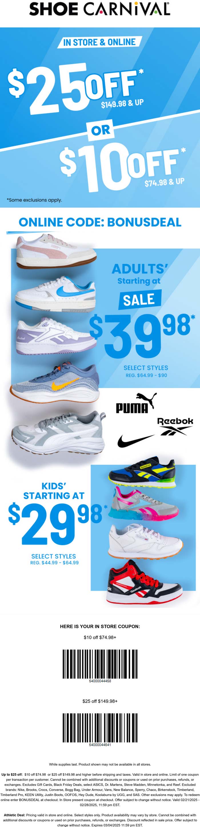 Shoe Carnival stores Coupon  $10-$25 off $75+ at Shoe Carnival, or online via promo code BONUSDEAL #shoecarnival 