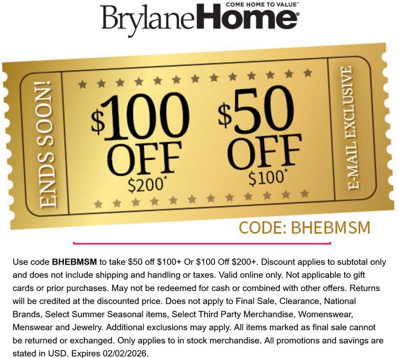 BrylaneHome stores Coupon  $50-$100 off $100+ at BrylaneHome via promo code BHEBMSM #brylanehome 