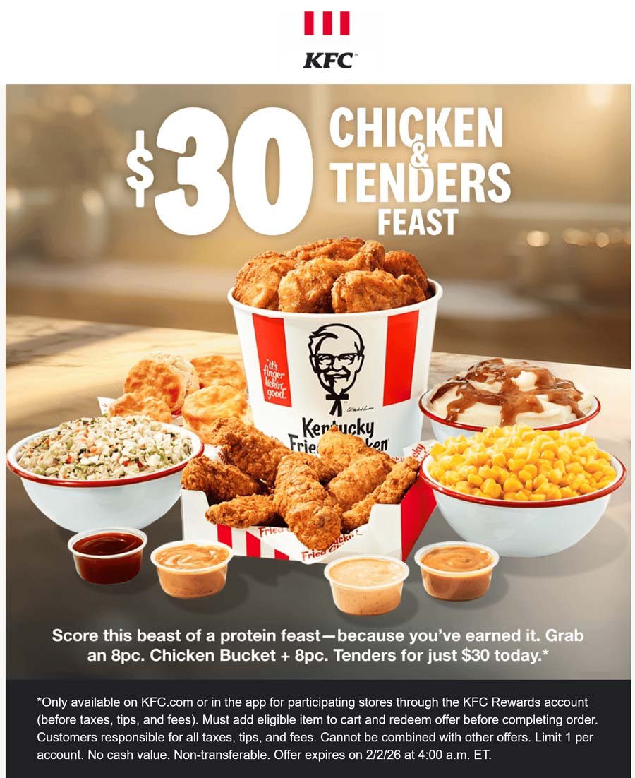 KFC 8pc chicken bucket + 8pc tenders + 3 sides + biscuits = $30 today online at KFC #kfc KFC restaurants Coupon 8pc chicken bucket + 8pc tenders + 3 sides + biscuits = $30 today online at KFC #kfc