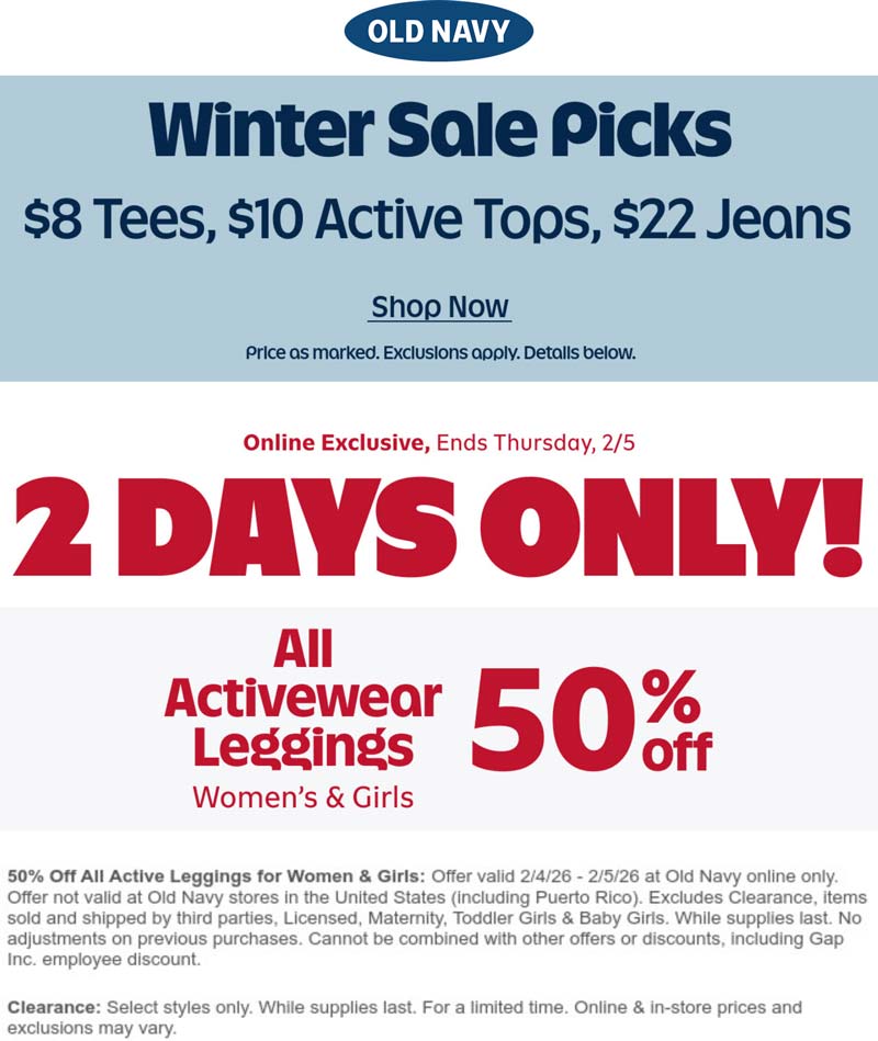 Old Navy stores Coupon  Leggings are 50% off online at Old Navy #oldnavy 