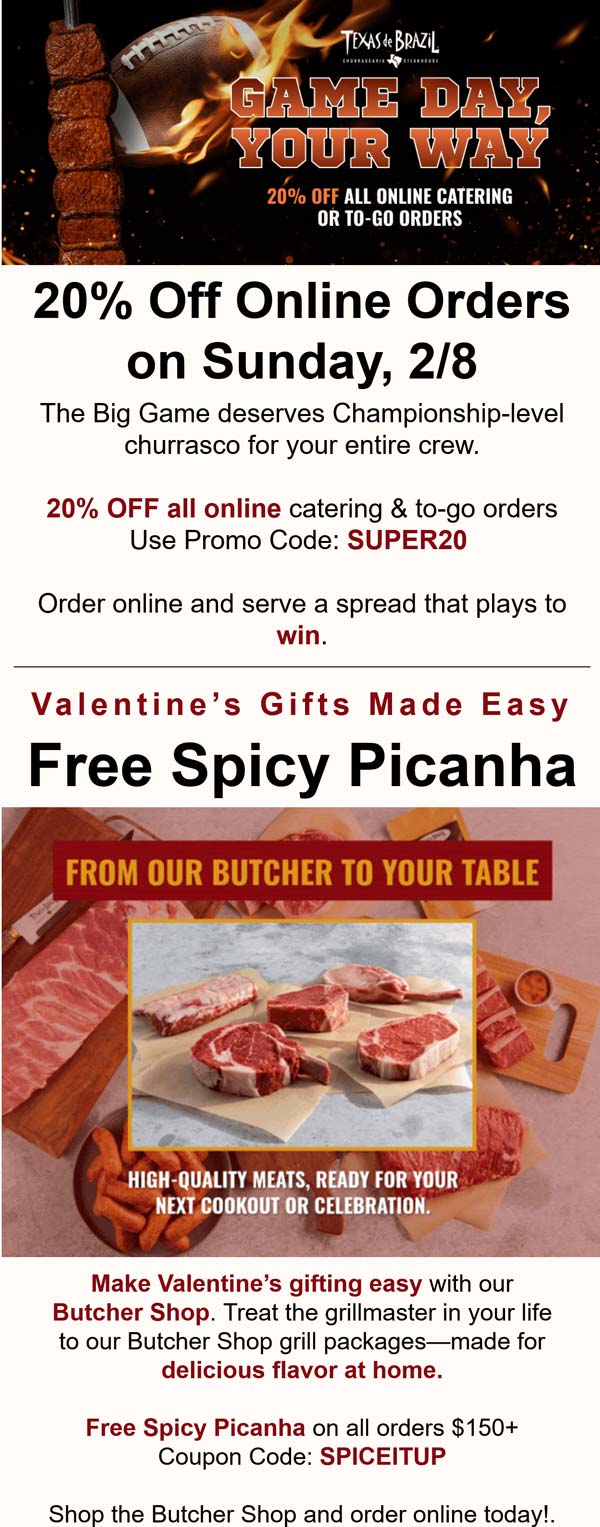 Texas de Brazil restaurants Coupon  20% off online orders Sunday at Texas de Brazil&nbsp;restaurant via promo code SUPER20 #texasdebrazil 