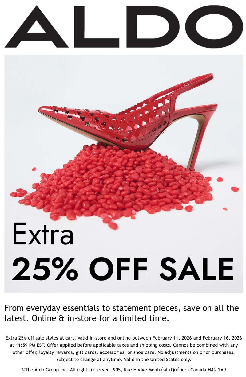 ALDO stores Coupon  Extra 25% off sale items at ALDO shoes #aldo 
