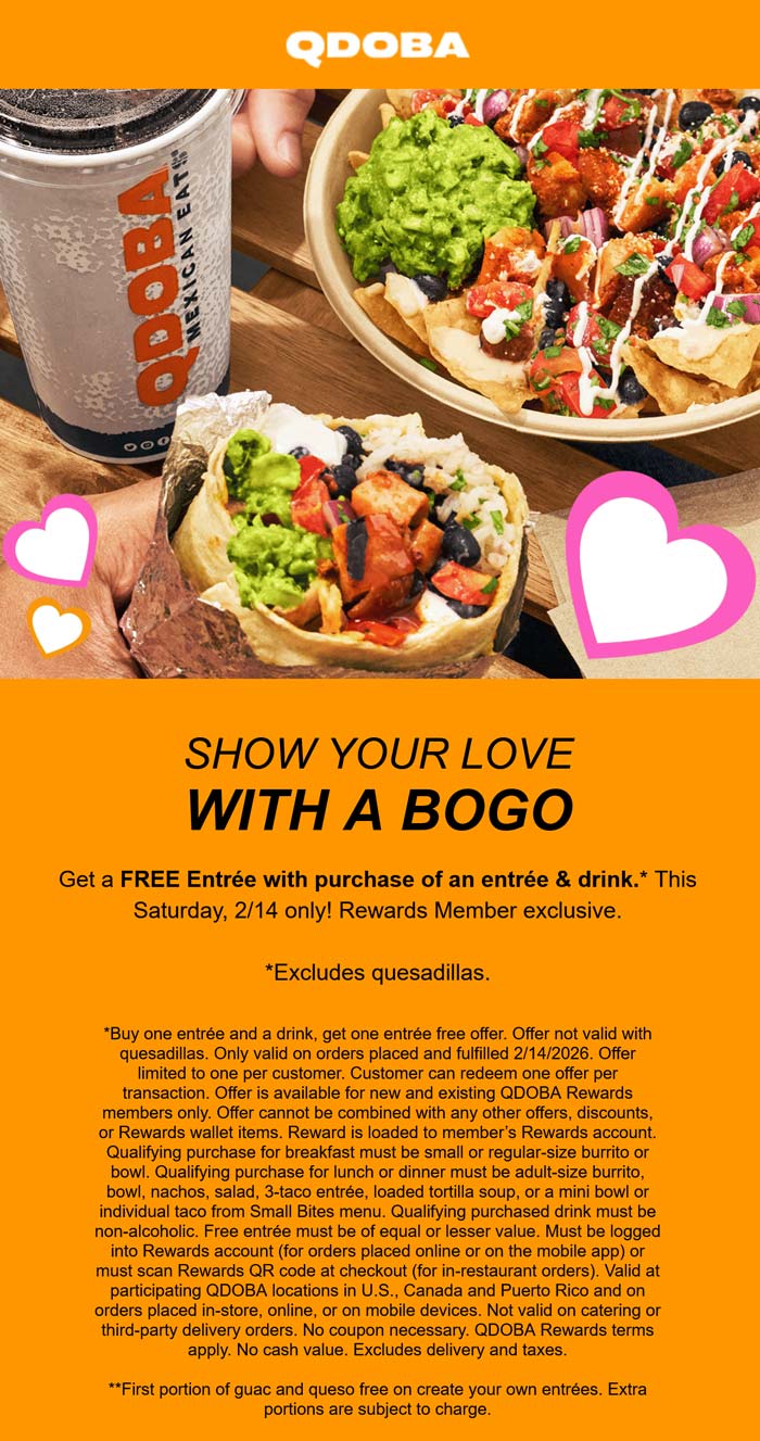 Qdoba restaurants Coupon  Second entree free Saturday via login at Qdoba #qdoba 