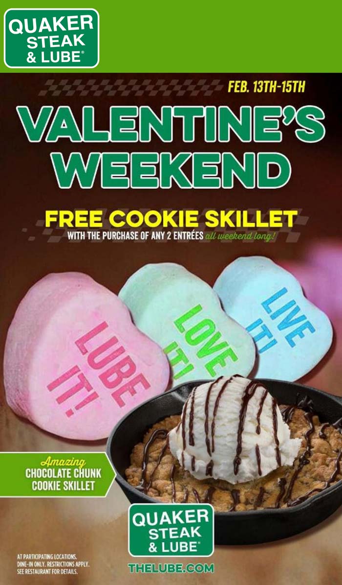 Quaker Steak & Lube restaurants Coupon  Free cookie skillet with your entrees at Quaker Steak & Lube #quakersteaklube 