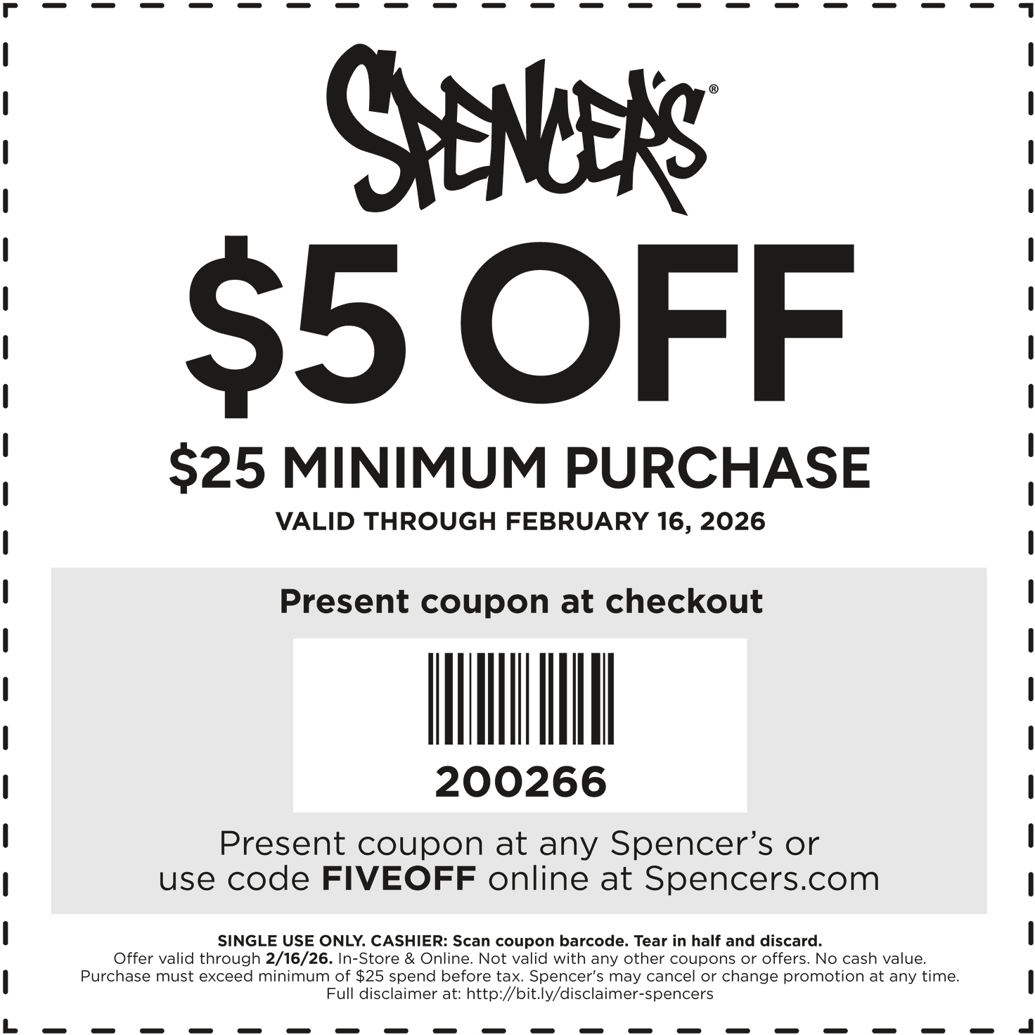 Spencers $5 off $25 at Spencers, or online via promo code FIVEOFF #spencers Spencers stores Coupon $5 off $25 at Spencers, or online via promo code FIVEOFF #spencers