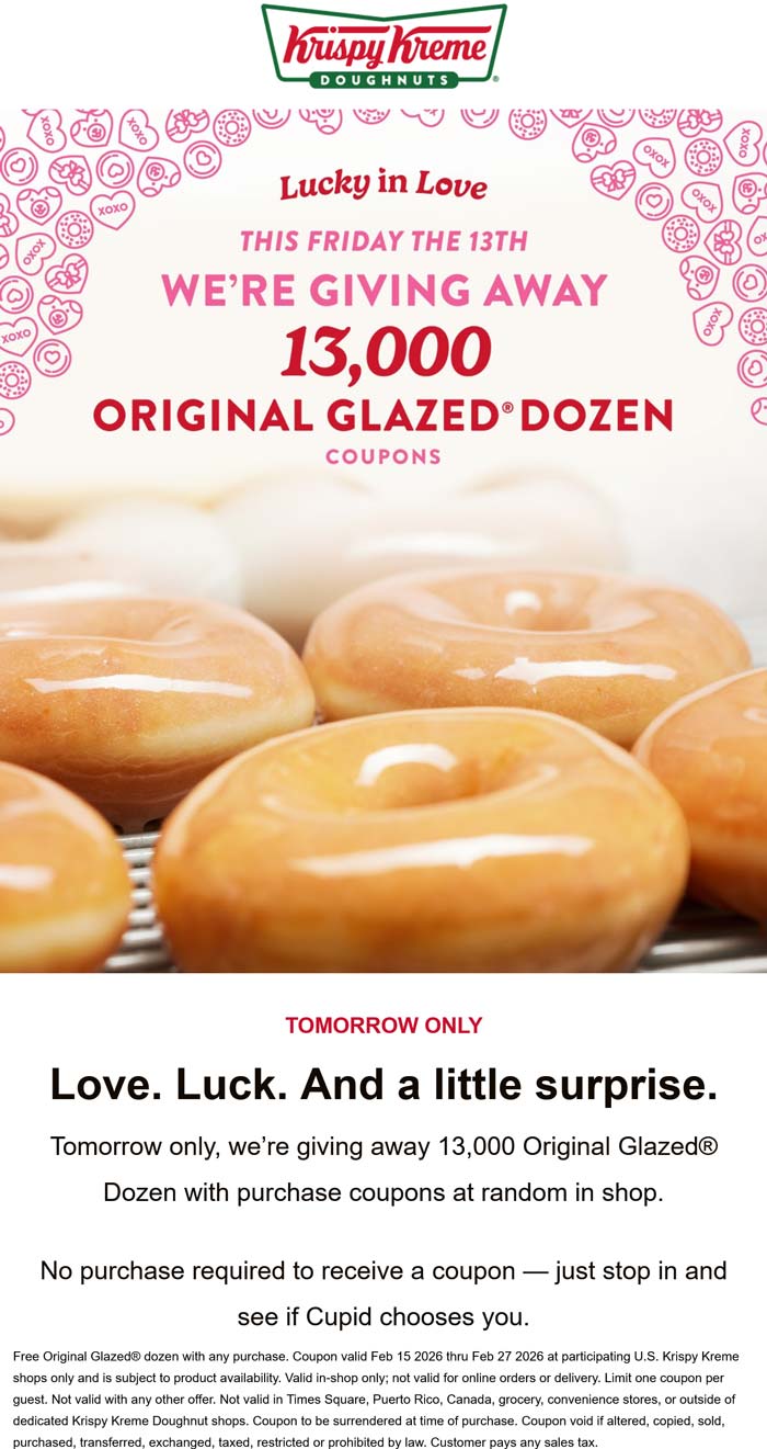 Krispy Kreme restaurants Coupon  13k random people receive a free dozen today at Krispy Kreme doughnuts #krispykreme 