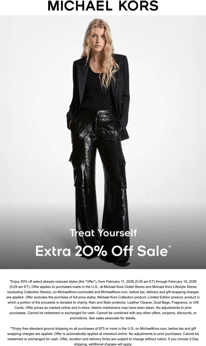 Michael Kors stores Coupon  Extra 20% off sale items at Michael Kors, ditto online #michaelkors 