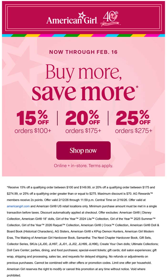 American Girl stores Coupon  15-25% off $100+ at American Girl dolls, ditto online #americangirl 
