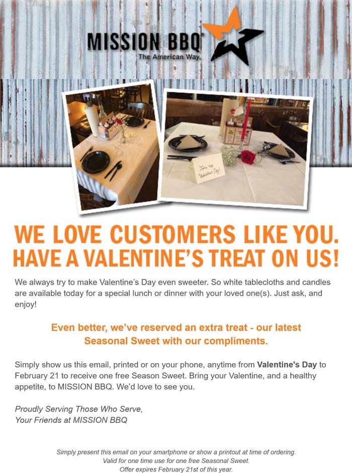 Mission BBQ Free sweet at Mission BBQ restaurants #missionbbq Mission BBQ restaurants Coupon Free sweet at Mission BBQ restaurants #missionbbq