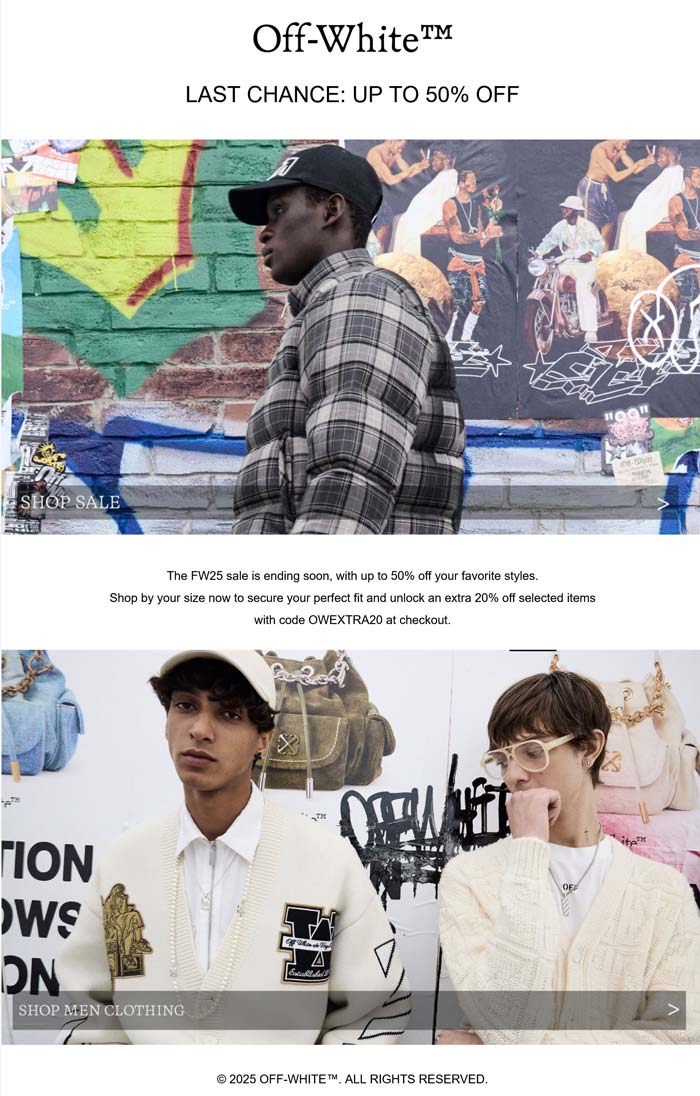 Off-White stores Coupon  Extra 20% off at Off-White via promo code OWEXTRA20 #offwhite 