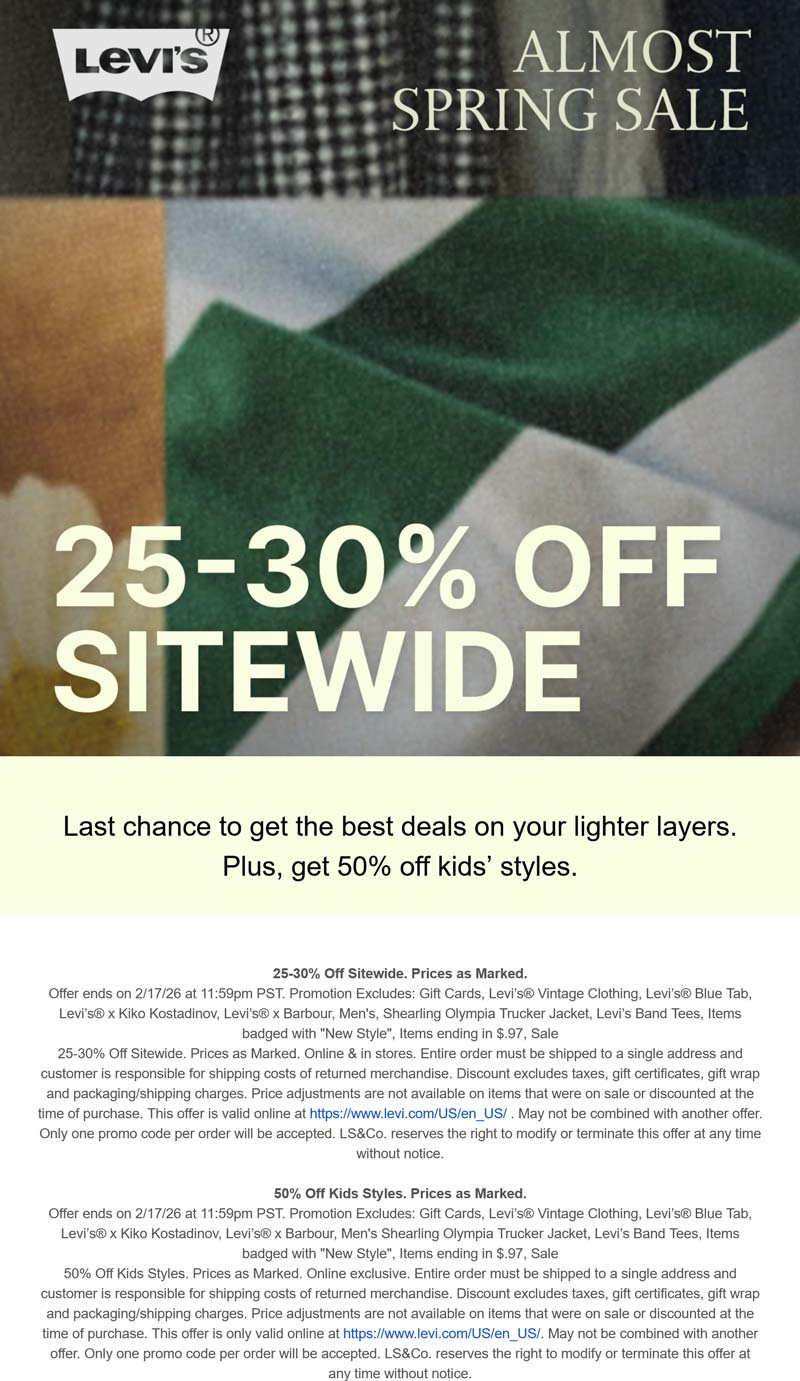 Levis stores Coupon  25-30% off everything online today at Levis #levis 