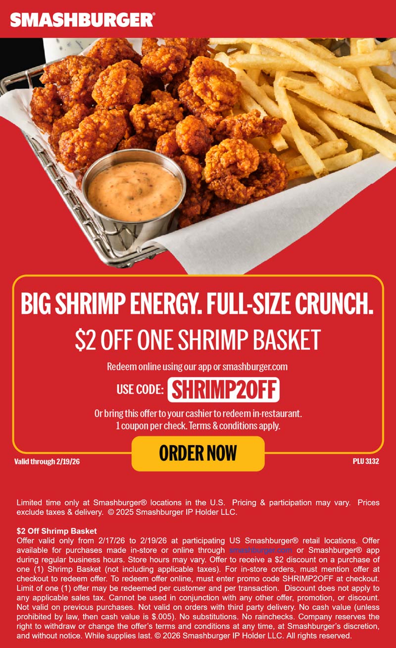 Smashburger $2 off a shrimp basket at Smashburger restaurants via promo code SHRIMP2OFF #smashburger Smashburger restaurants Coupon $2 off a shrimp basket at Smashburger restaurants via promo code SHRIMP2OFF #smashburger