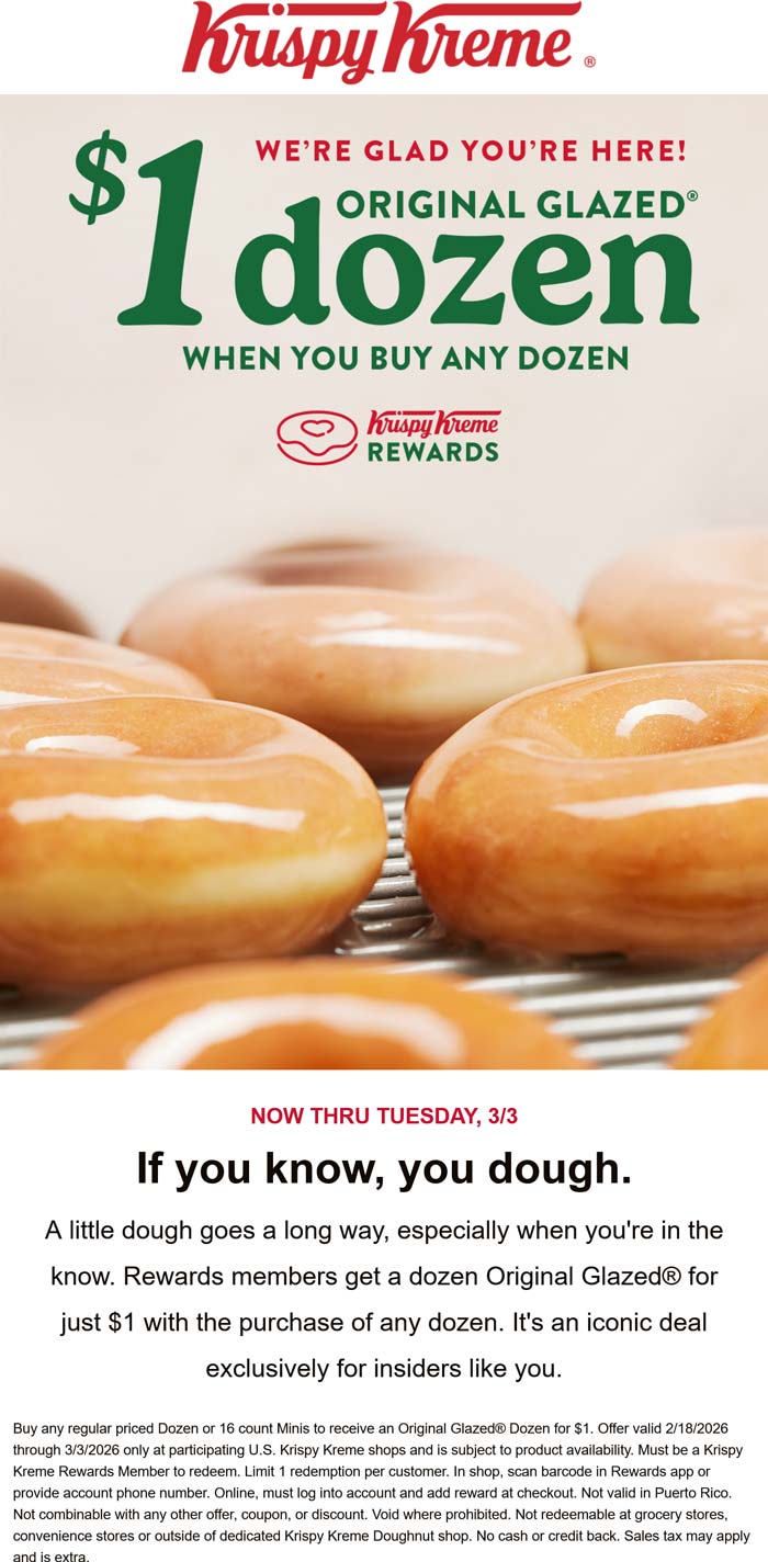 Krispy Kreme restaurants Coupon  Second dozen for $1 via login at Krispy Kreme doughnuts #krispykreme 