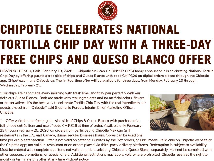 Chipotle Free chips & queso at Chipotle via promo code CHIPS26 #chipotle Chipotle restaurants Coupon Free chips & queso at Chipotle via promo code CHIPS26 #chipotle