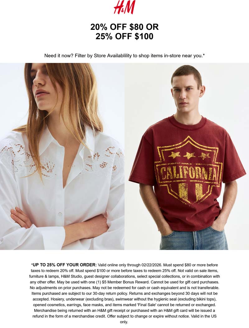 H&M 20-25% off $80+ online at H&M #hm H&M stores Coupon 20-25% off $80+ online at H&M #hm