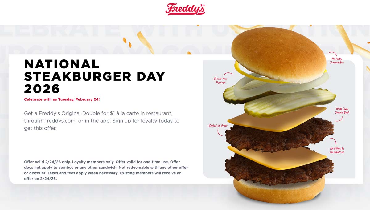 Freddys $1 double cheeseburger Tues at Freddys #freddys Freddys restaurants Coupon $1 double cheeseburger Tues at Freddys #freddys